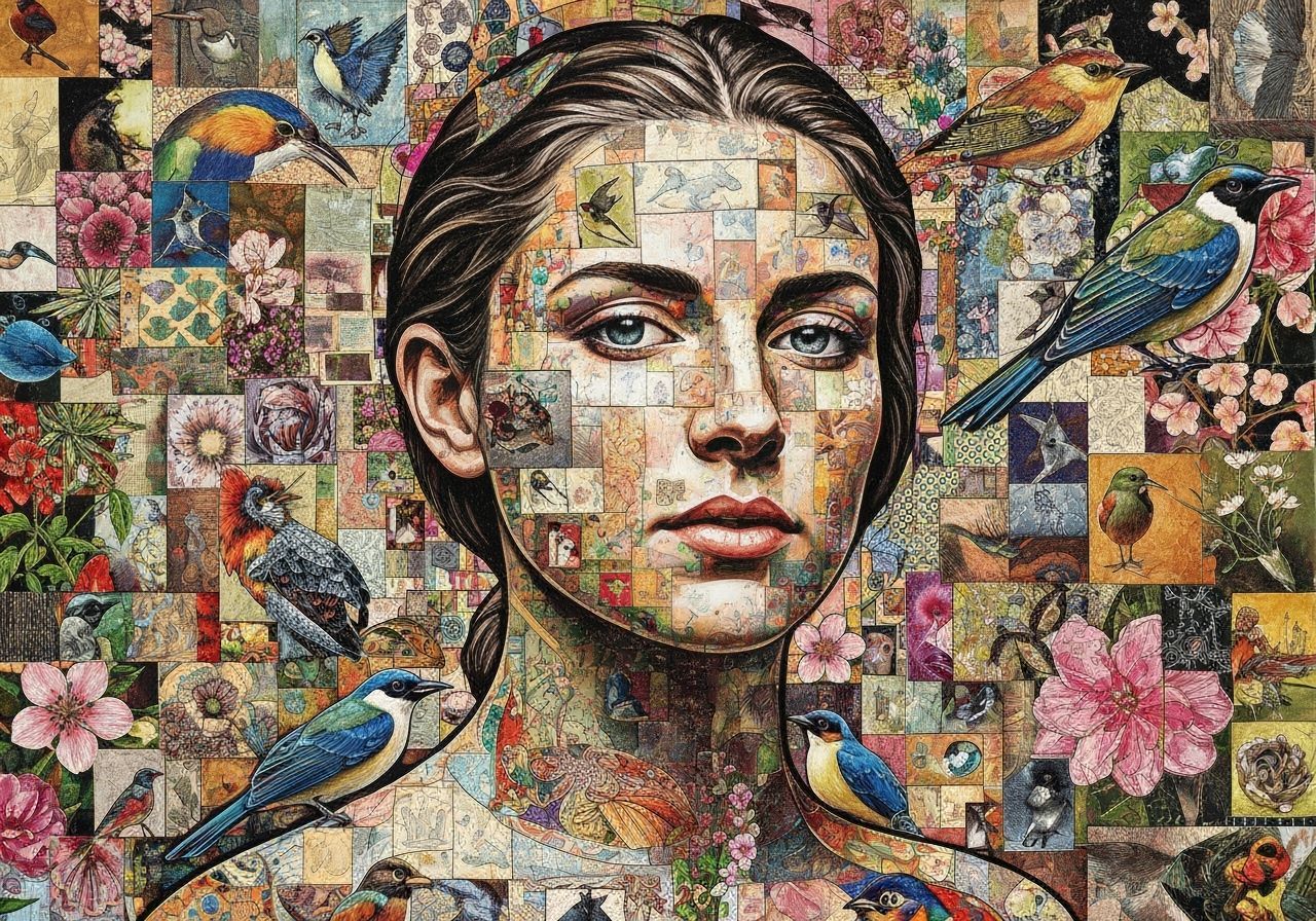 Intricate Cubist Collage of Birds and Flowers