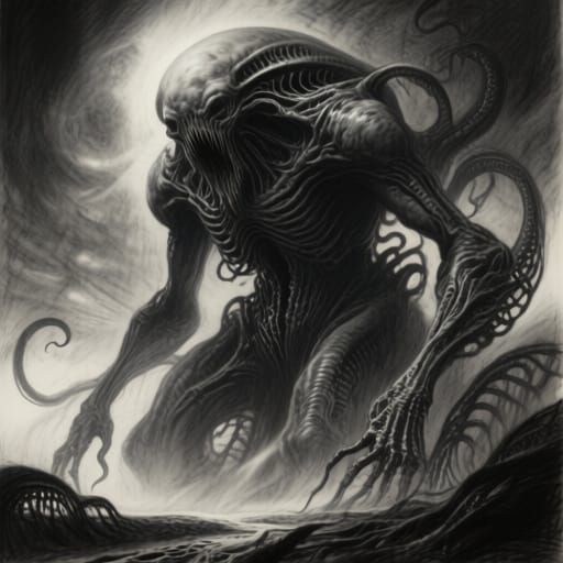 Colossal Eldritch Entity in Ominous Charcoal Style