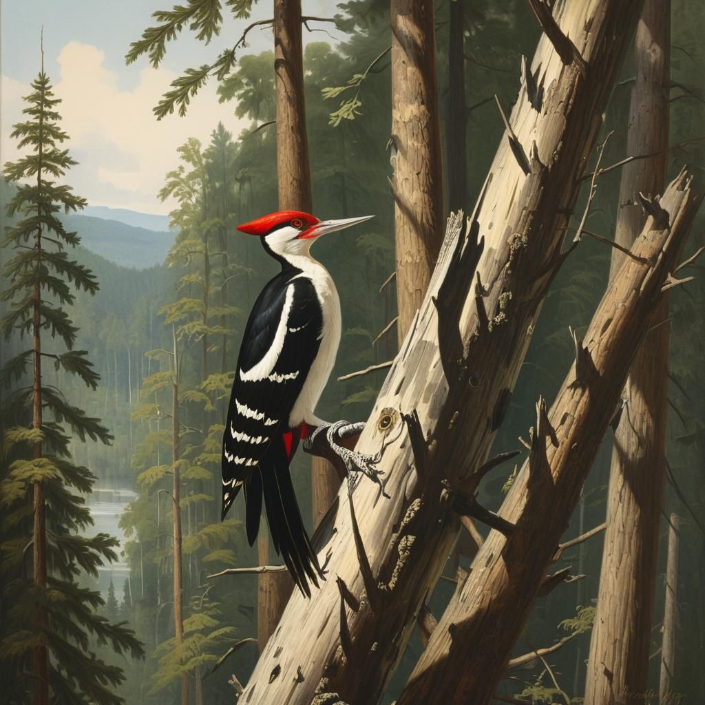 Ivory-Billed Woodpecker in Audubon Style