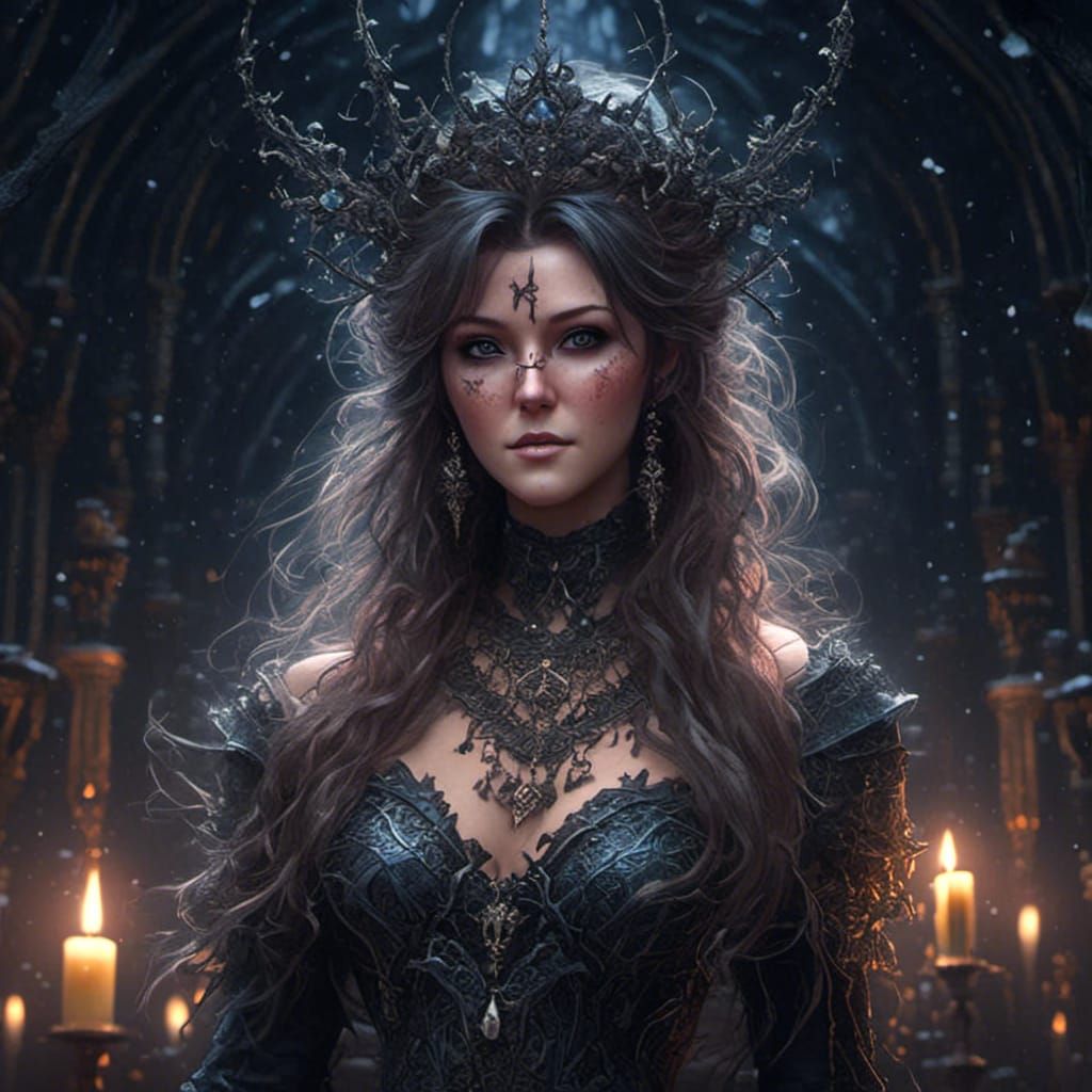 Detailed Witch in Snowy Moonlight, Ortega Style