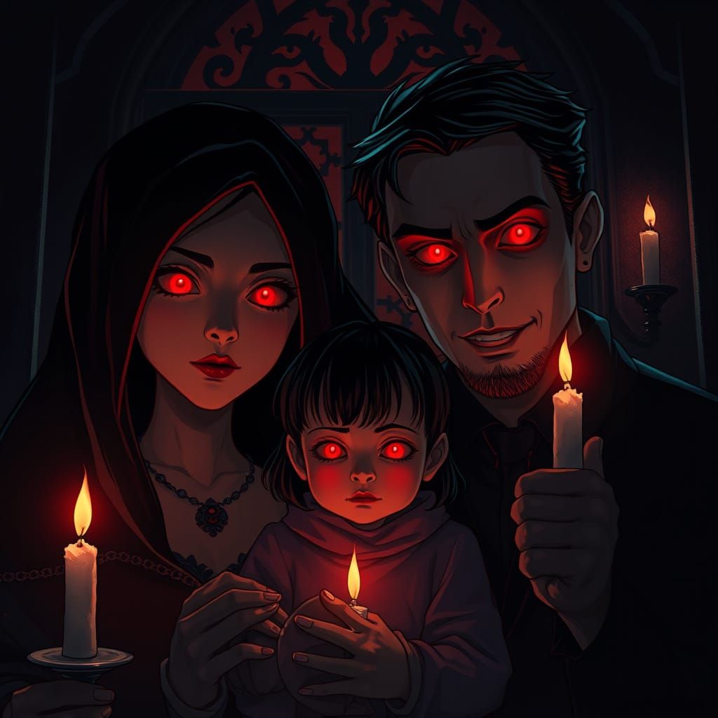 Eerie Family Portrait in Dark Gothic Anime Style