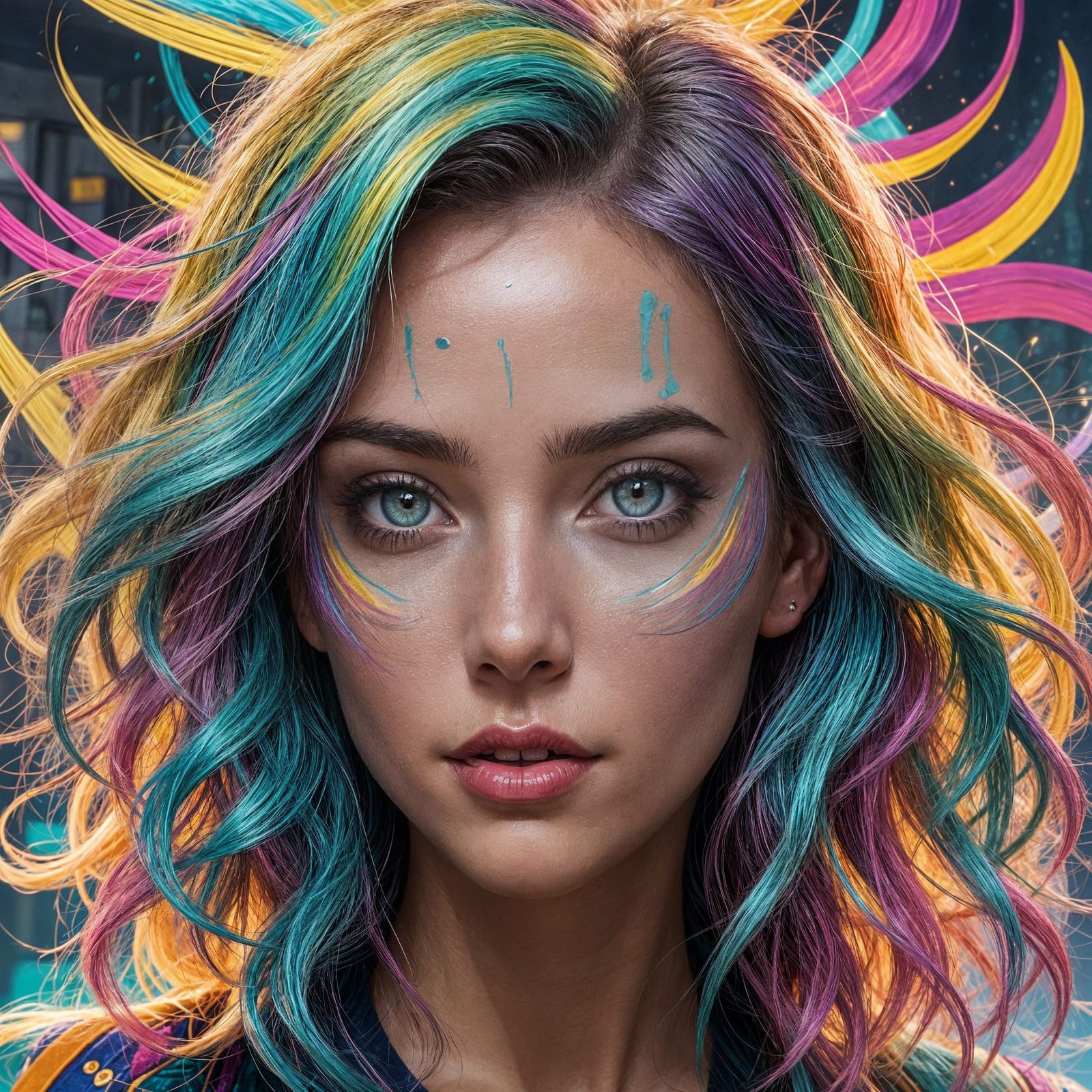 Rainbow-Haired Spark Poses in Futuristic Park