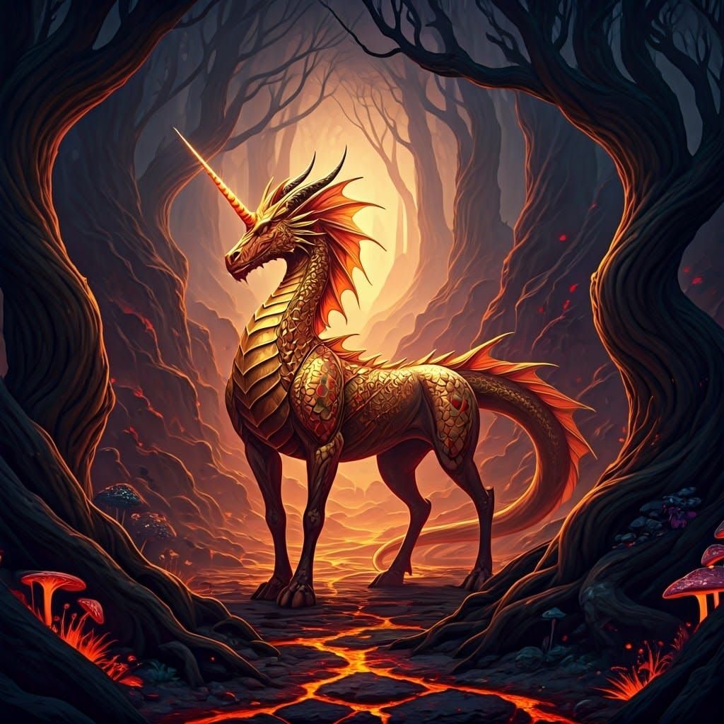 Luminous Dragon Unicorn in Vibrant Volcanic Landscape