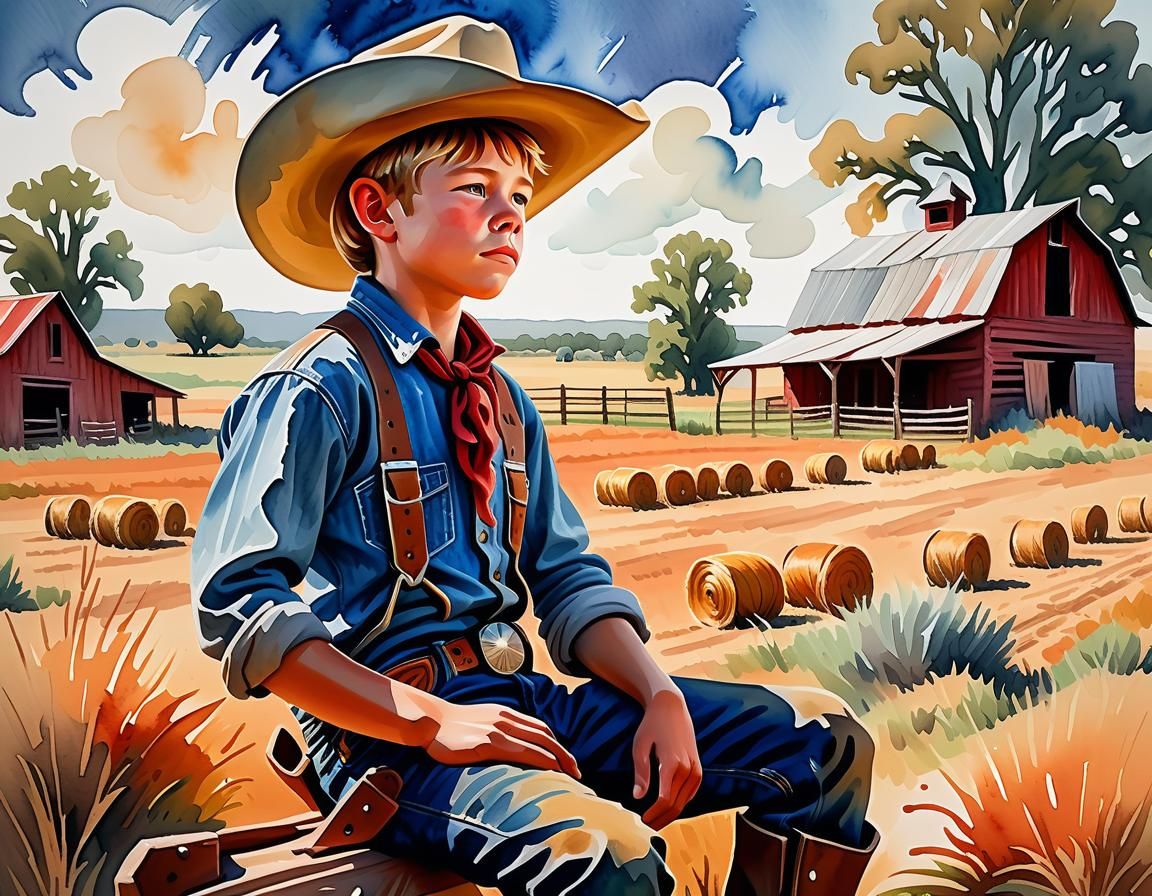 Farm Boy's Cowboy Dream: An Impressionist Gouache Painting