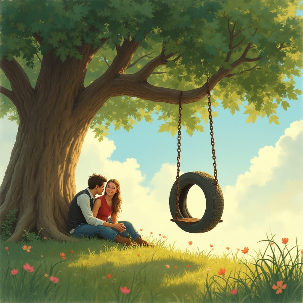 Romantic Couple Under Whimsical Tree in Storybook Style