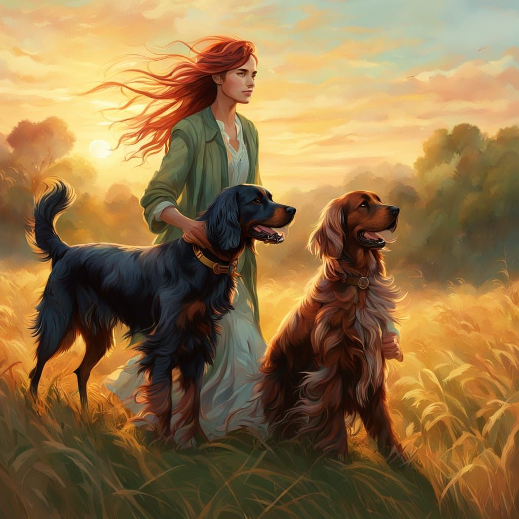 Woman and Scottish Setter in Golden Hour Field