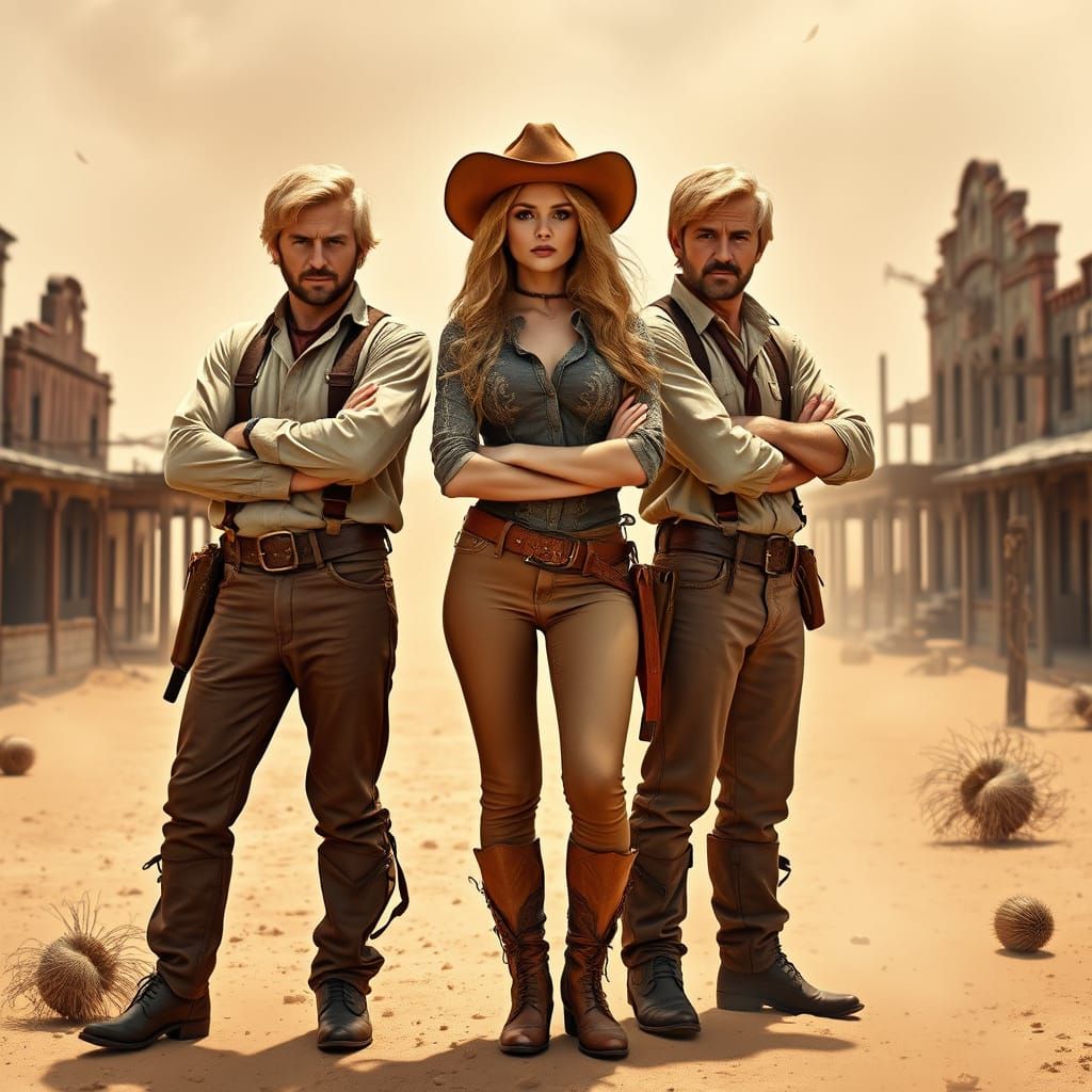 Tough Blond Cowboys Stand Guard in Desert Ruins