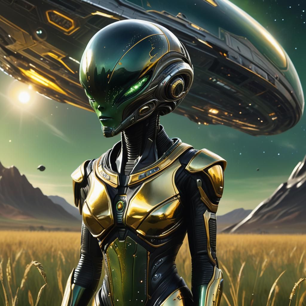 Worried Alien in Field with Spaceship