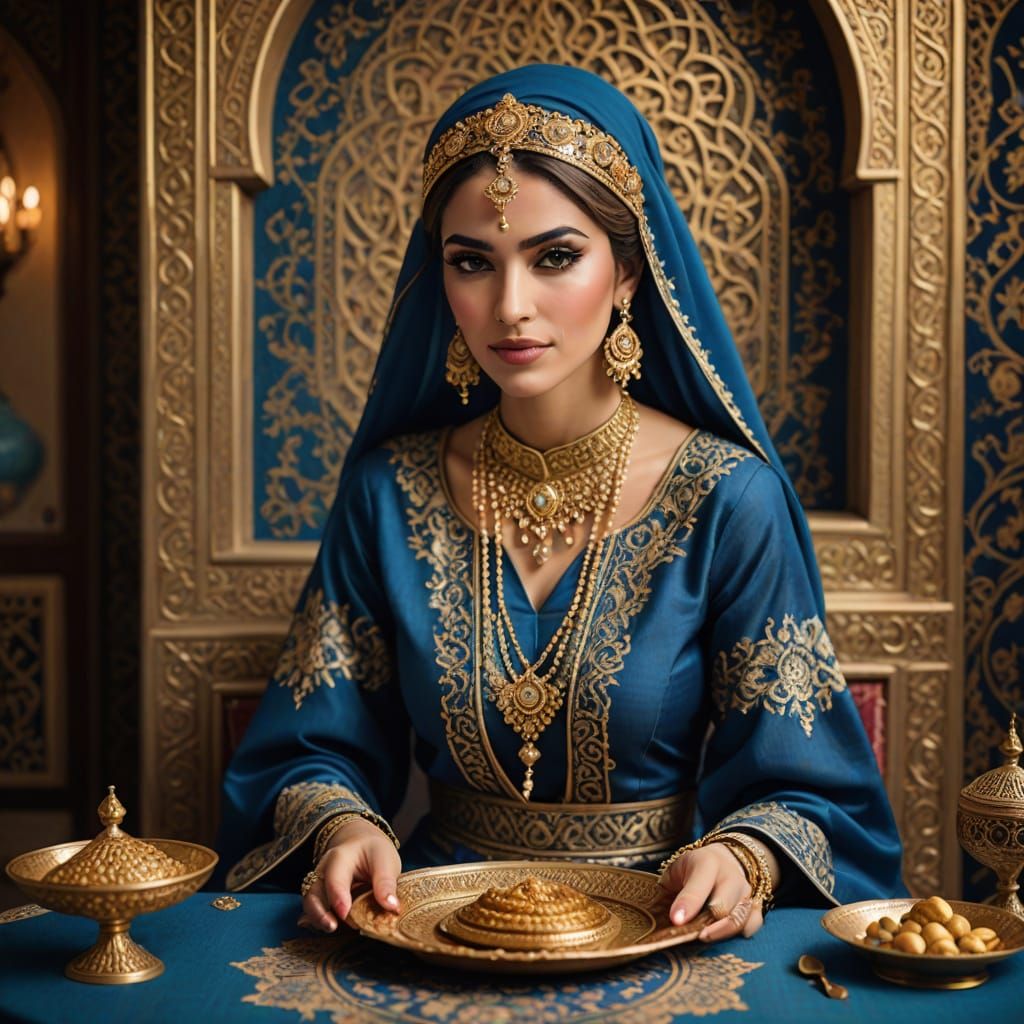 Regal Ottoman Empire Beauty in Traditional Blue and Gold Att...