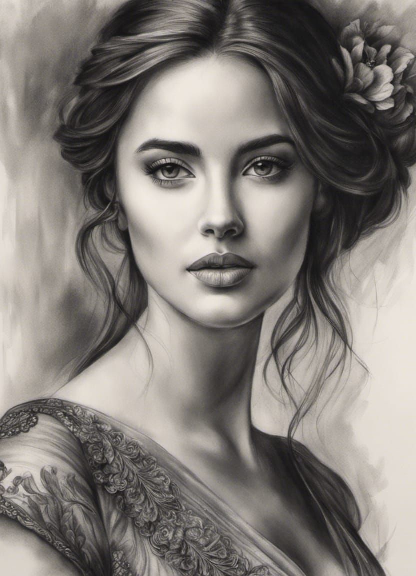 Hyperdetailed Charcoal Drawing of a Beautiful Woman