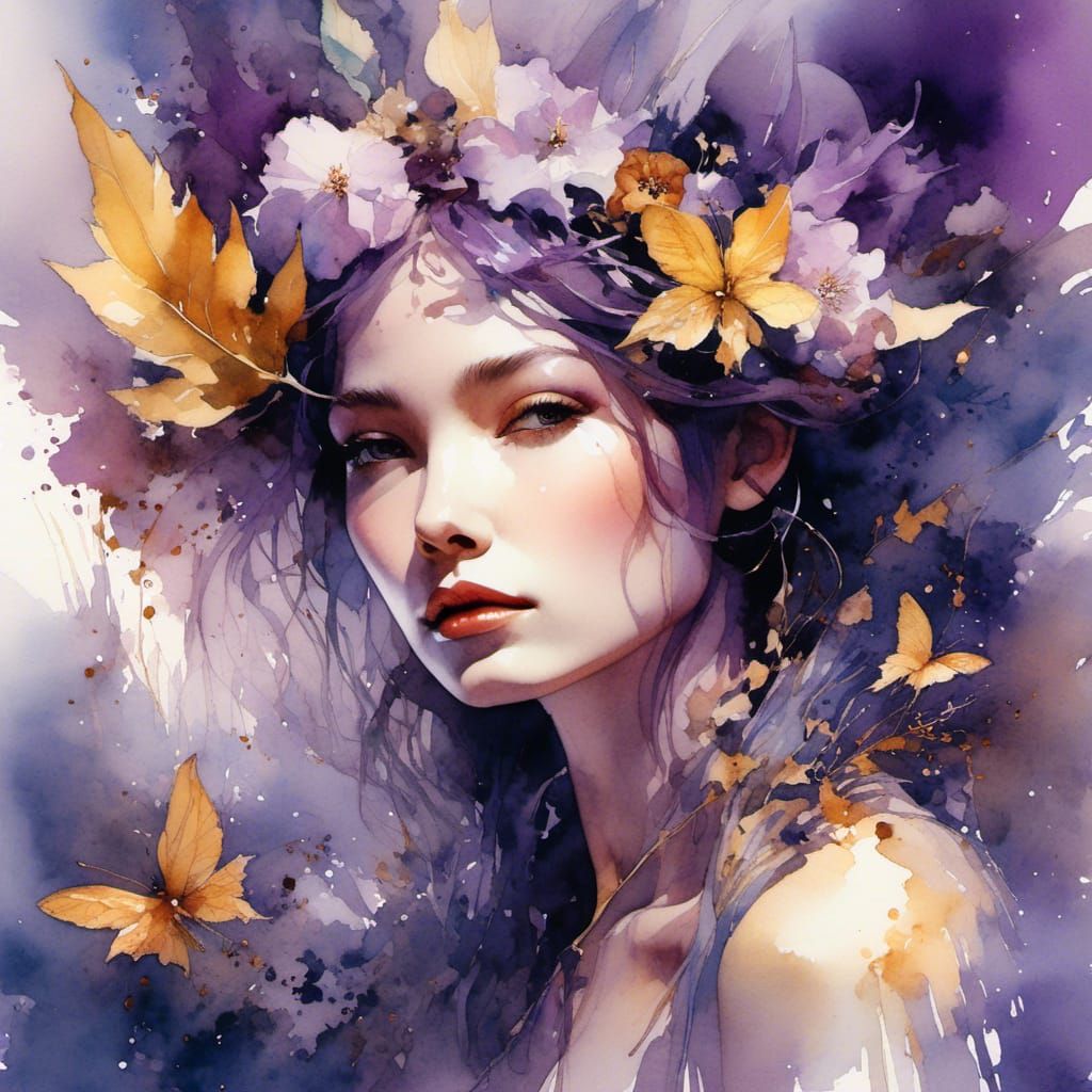 Purple Fairy in Summer Digital Watercolor
