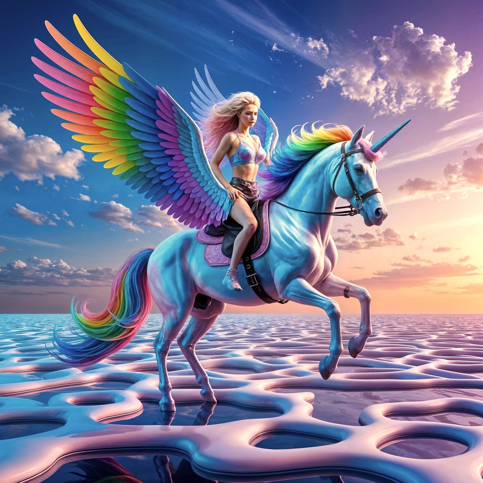 Rainbow Unicorn and Rider in Hyperrealistic Sky