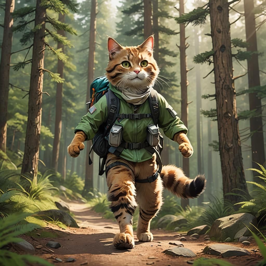 Anime Cat Hiker in Forest, 3D Render