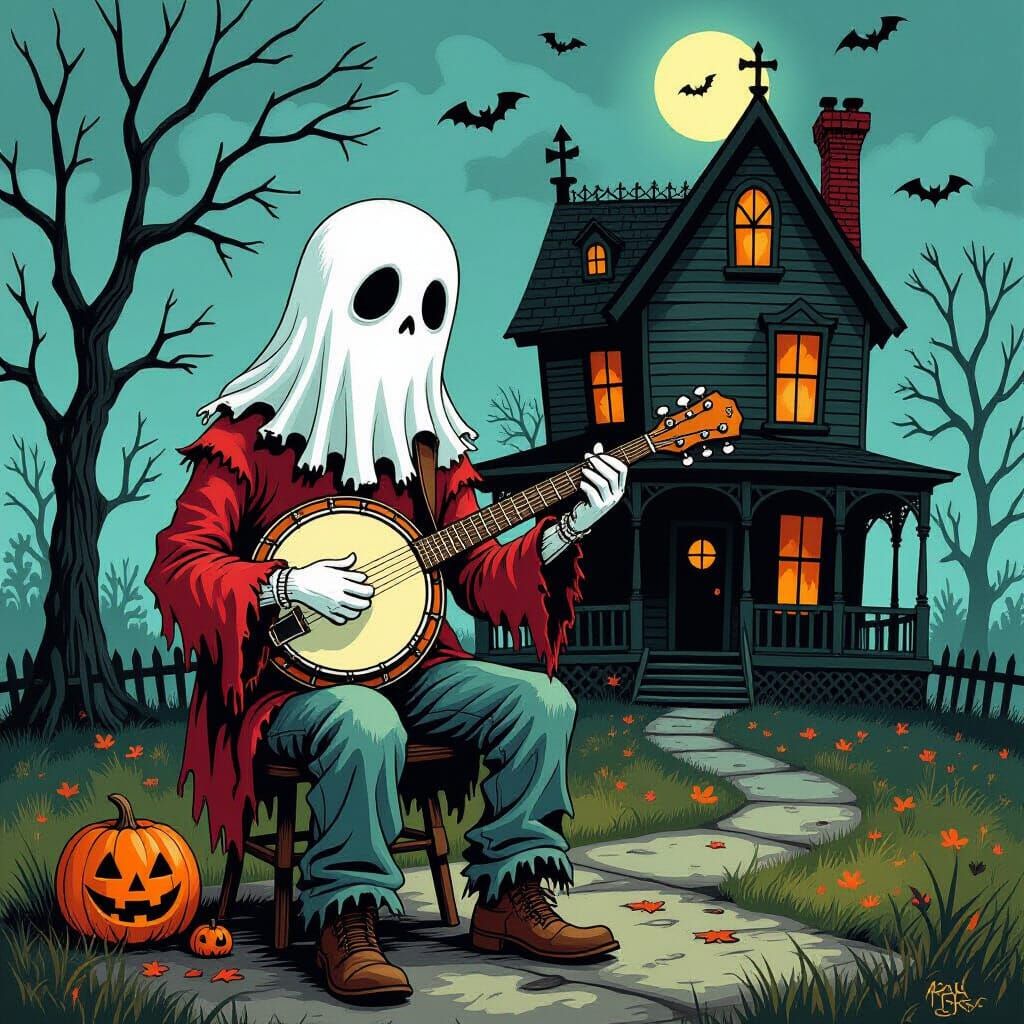Ghost Playing Banjo in Front of Haunted House