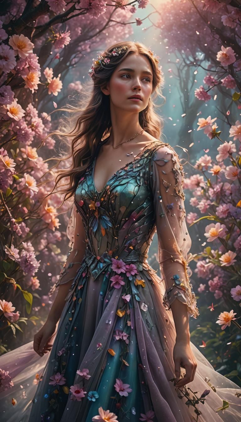 Serene Woman in Blooming Fantasy World