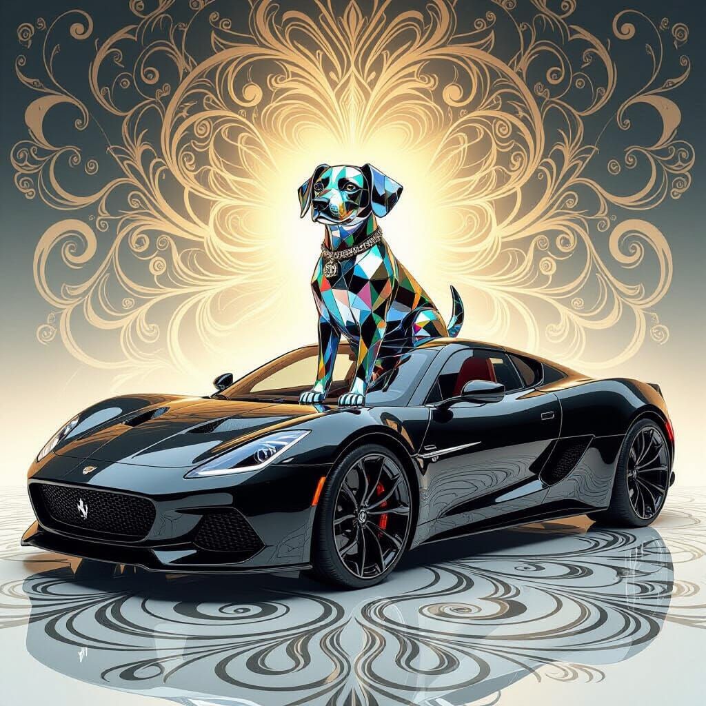 Sleek Car with Crystal Dog Figurine in Digital Art