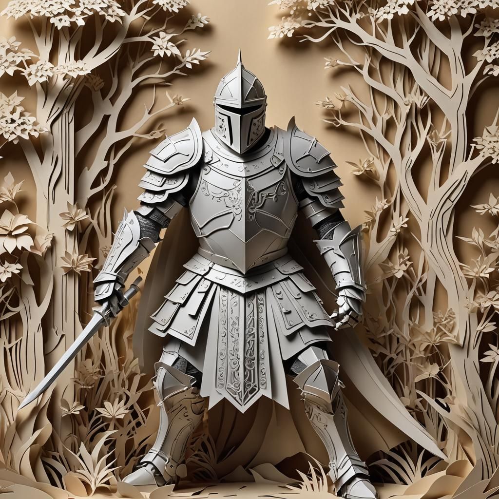 Epic Kirigami Knight in a Detailed Paper Landscape