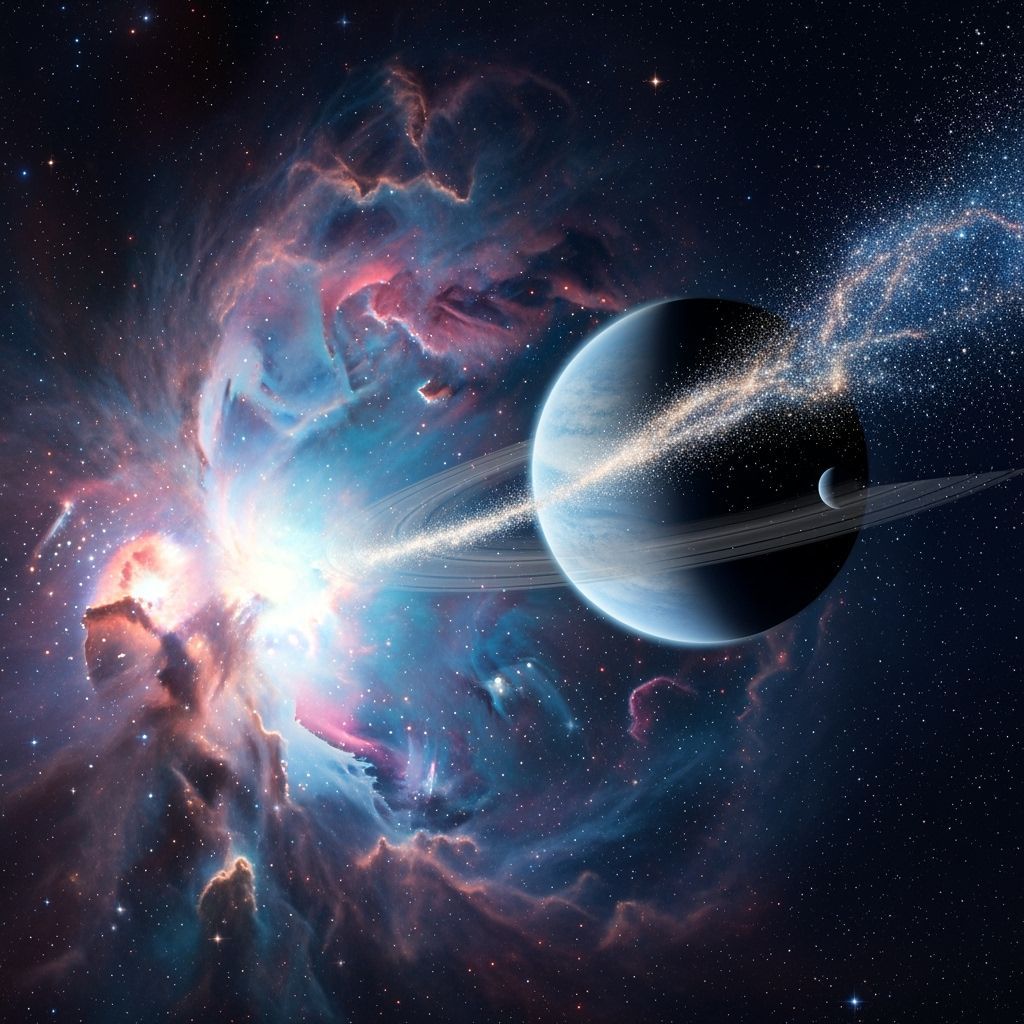 Cosmic Nebula and Ringed Planet in Digital Art Style