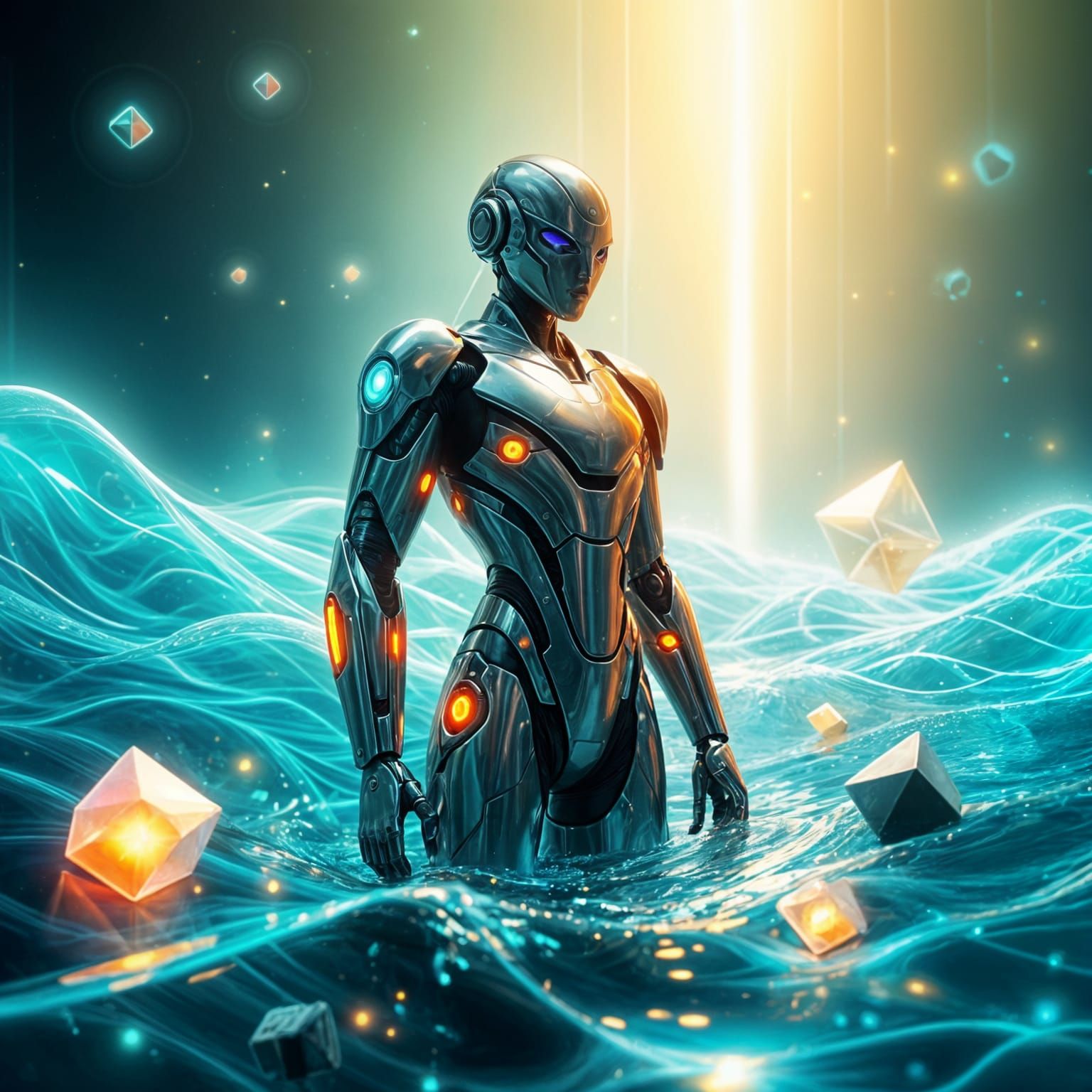 Sleek Robotic Figure Emerges from Digital Ocean in Cyberpunk...