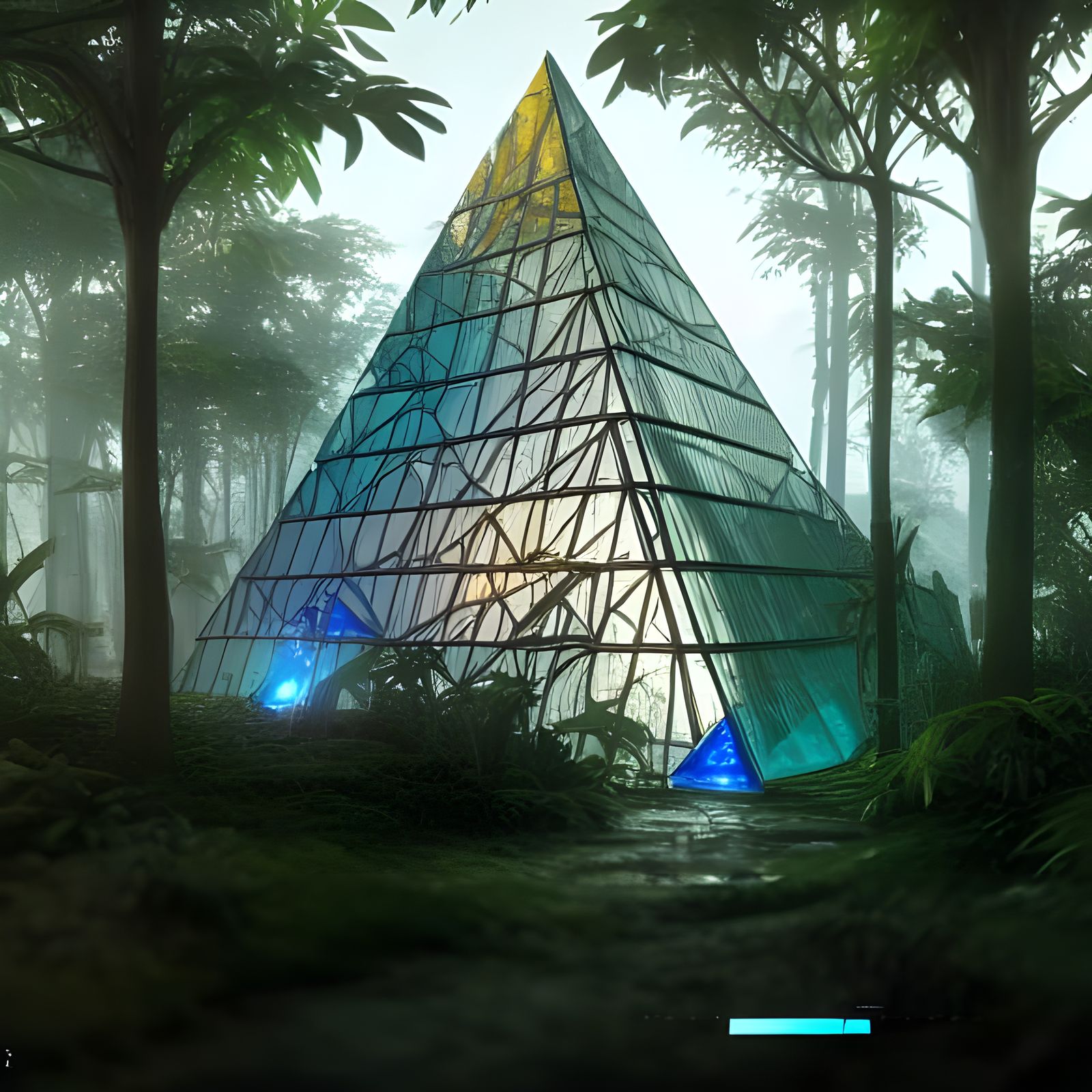 Futuristic Stained Glass Pyramid in Jungle