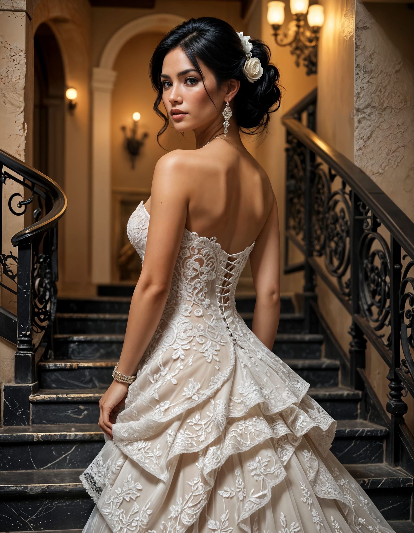Mexican Bride in Lace Wedding Dress on Stairs