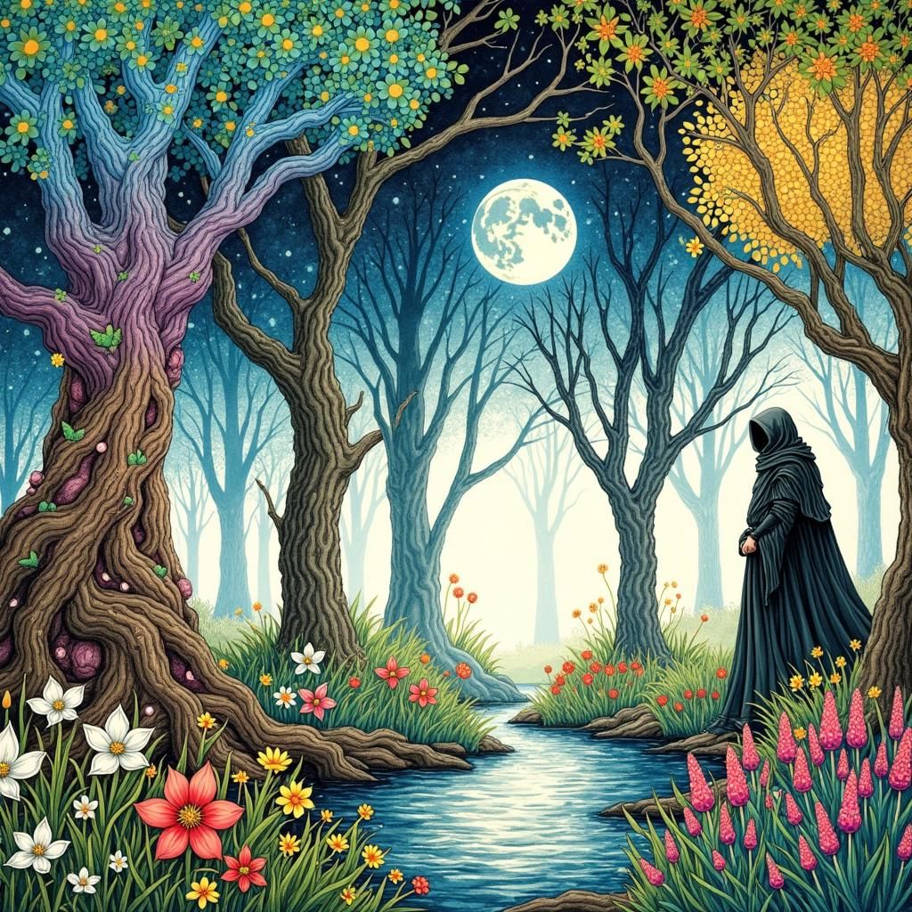 Mystical Fey Forest in Spring, Mucha Style