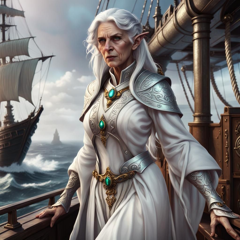 Fierce Elf Cleric on Ship: Detailed Matte Painting