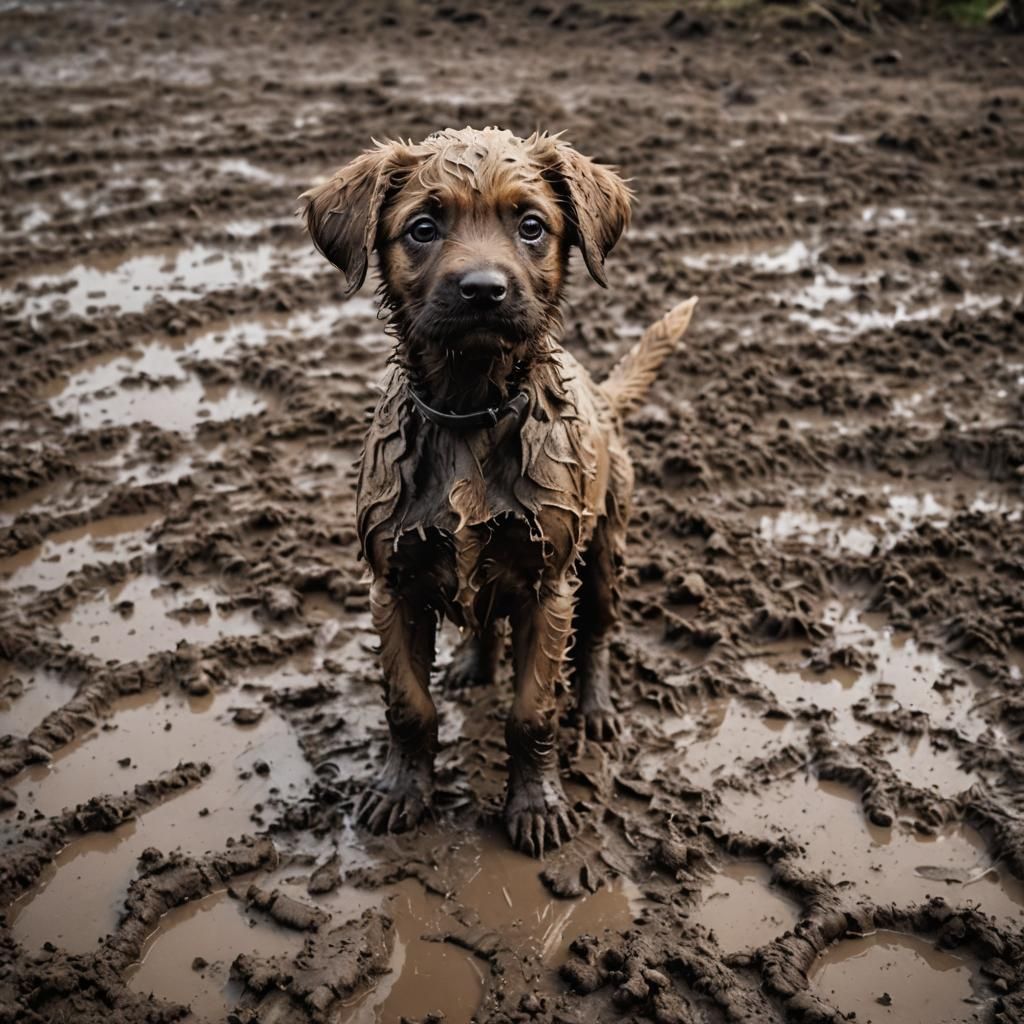 Muddy Puppy with Expressive Eyes in Cinematic Photo