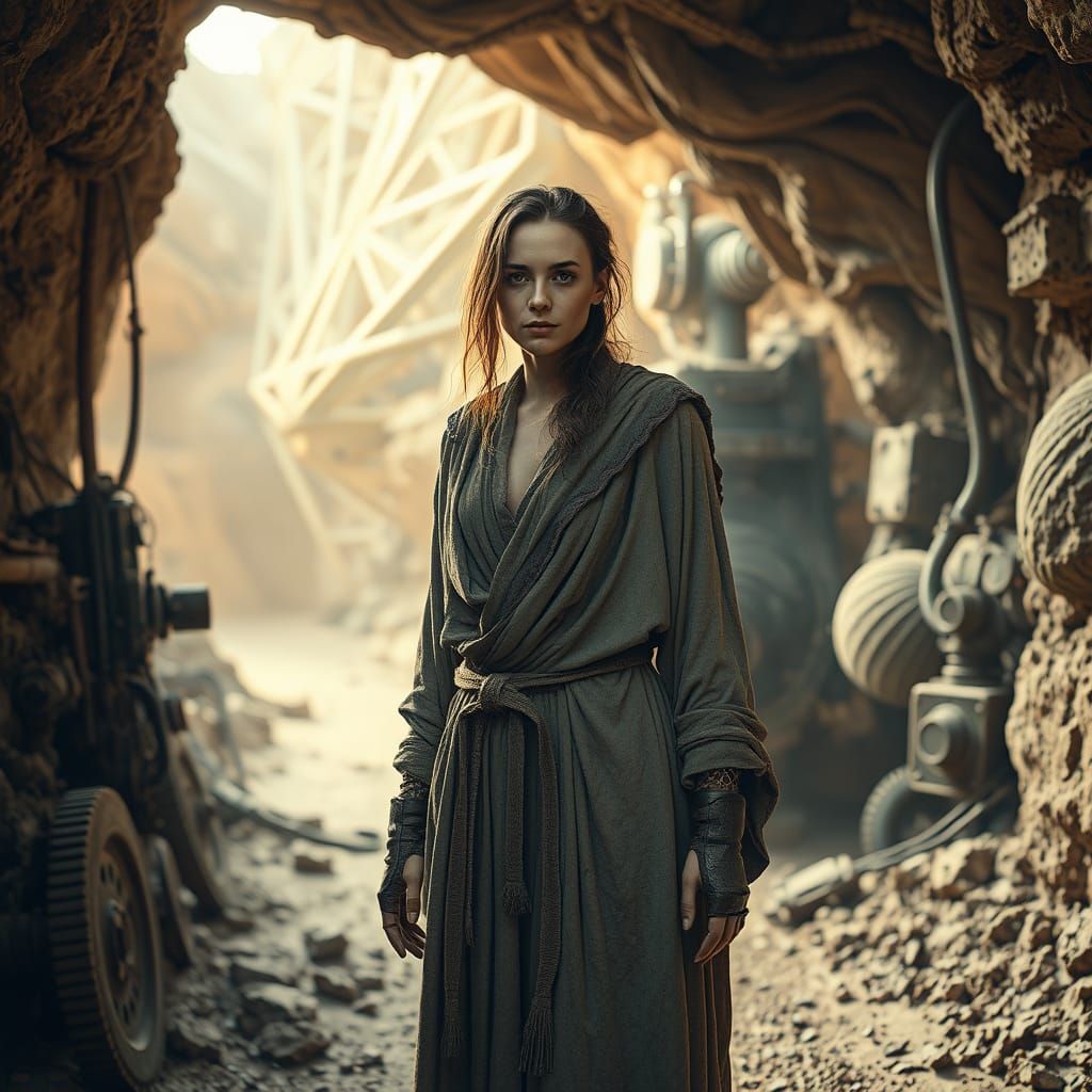 Woman in Desert Mine with Mining Equipment in Digital Art St...