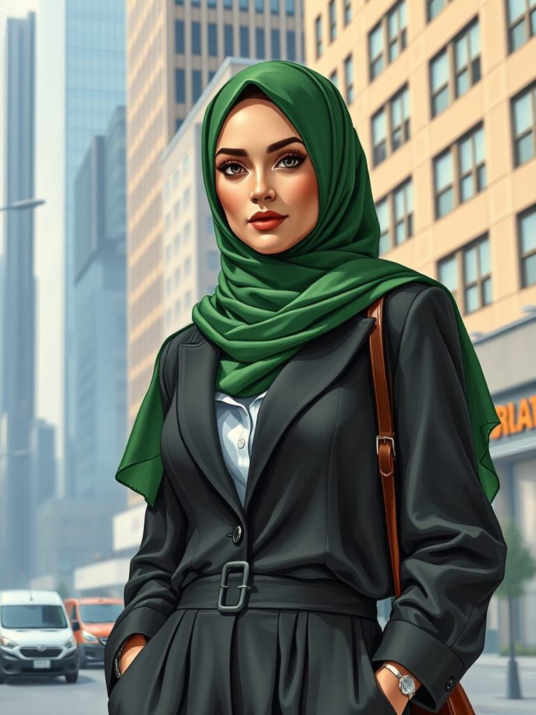 Confident Hijabi Business Woman in Modern City Painting