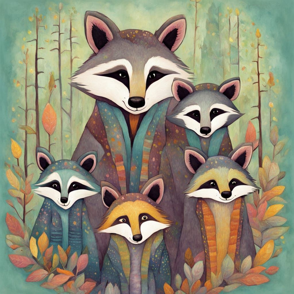 Charming Raccoon Family in Pastel Colors