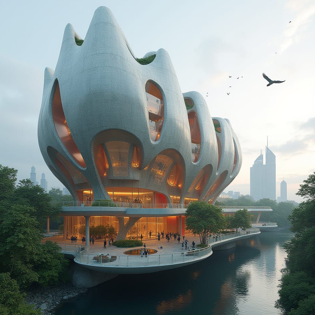 Organic Flower-Shaped Futuristic Building with Snake-Skin Pa...
