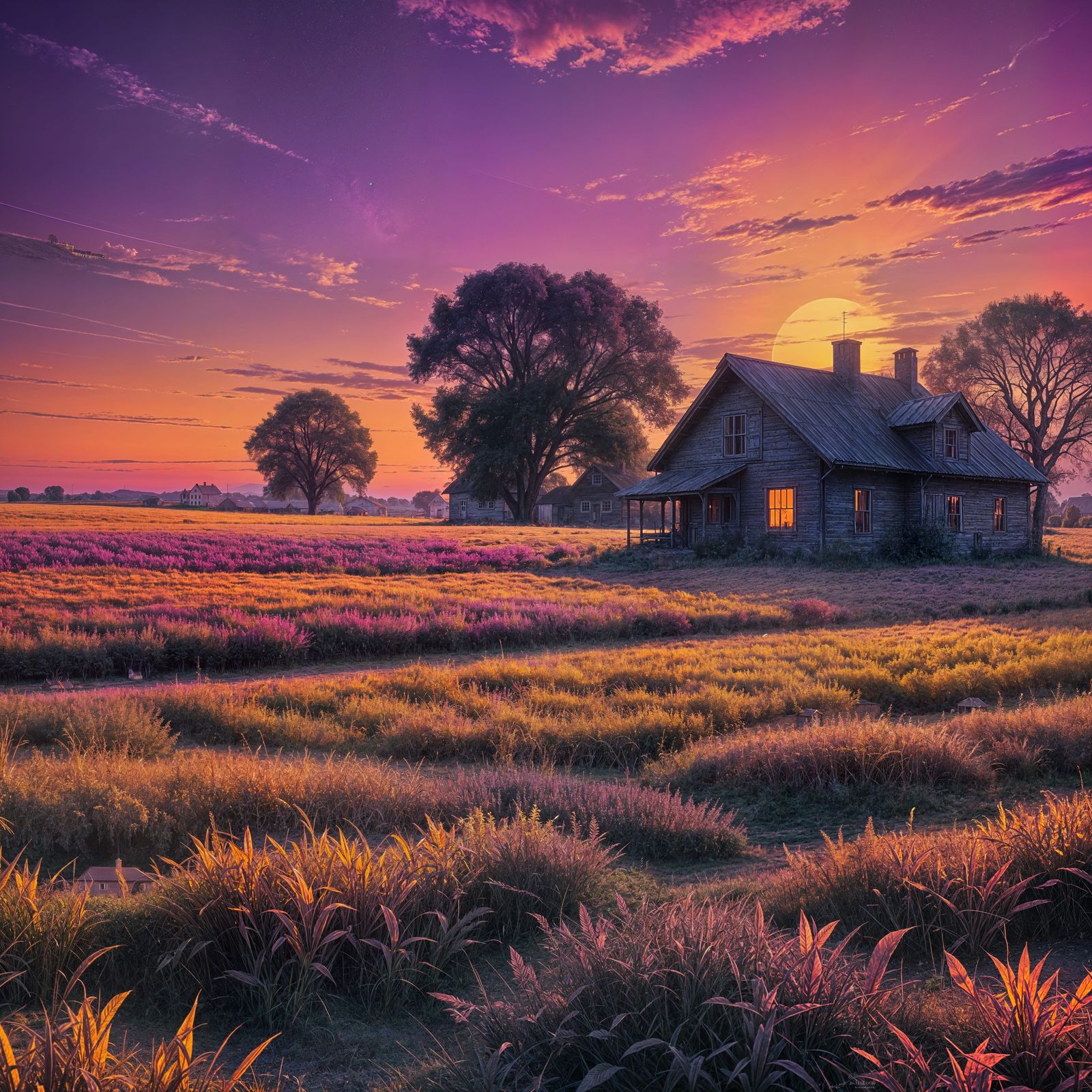 Synthwave Sunset Over an Old Farmhouse