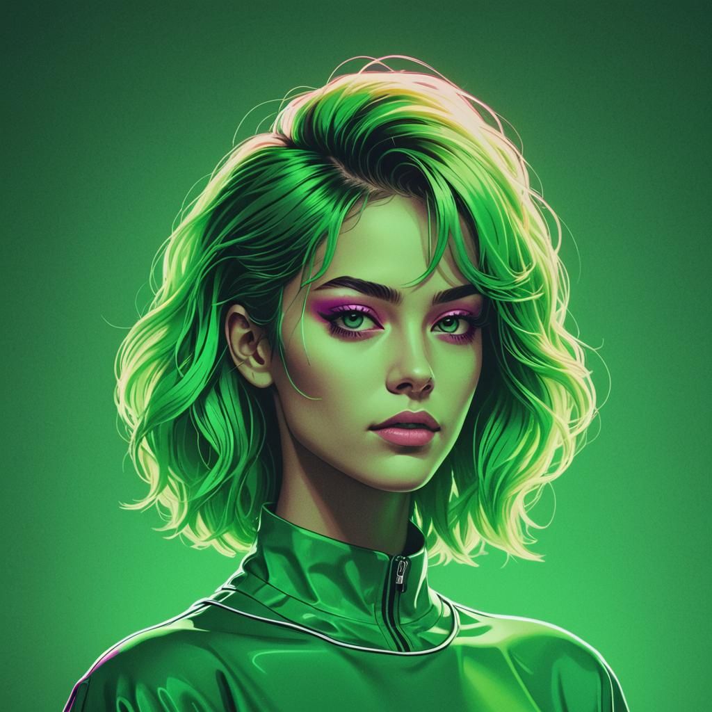 Green-Haired Girl in Synthwave Neon Retro Style