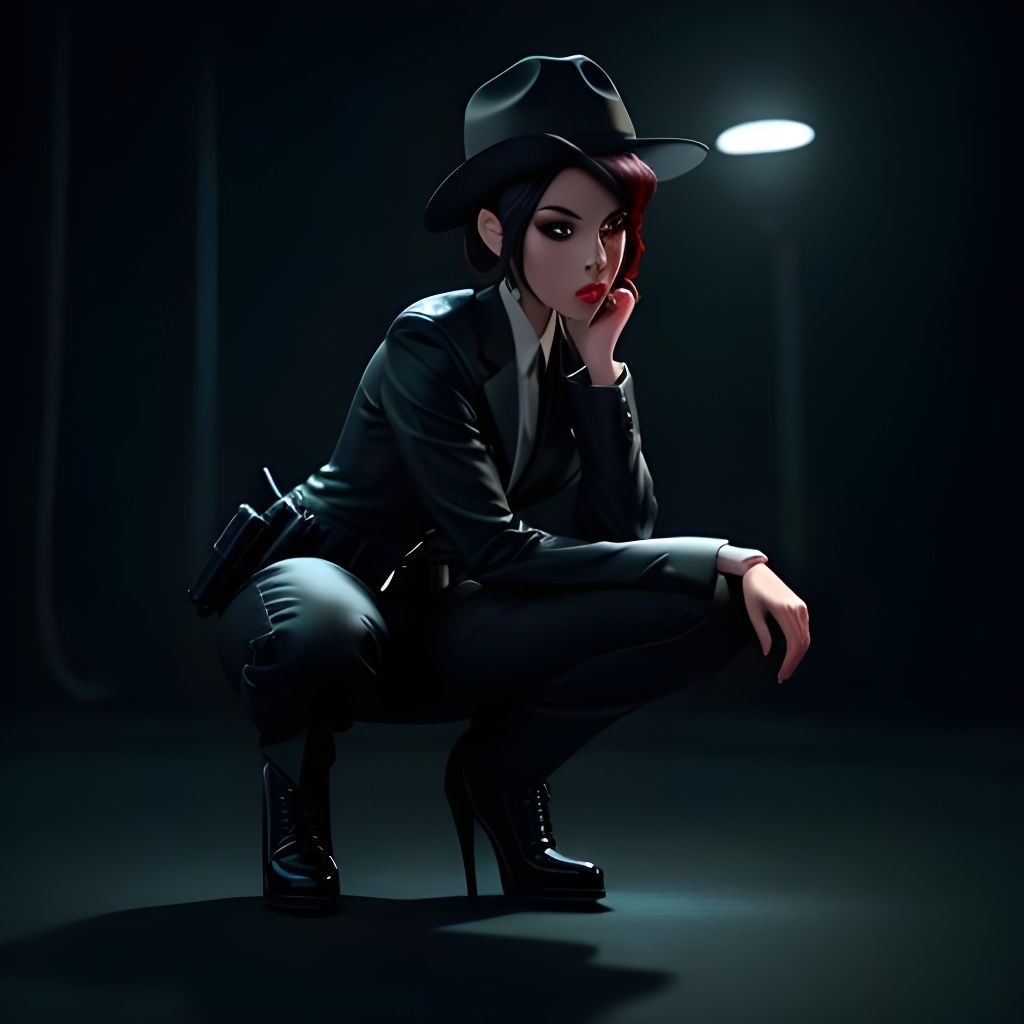 Female noir detective investigating a crime scene.