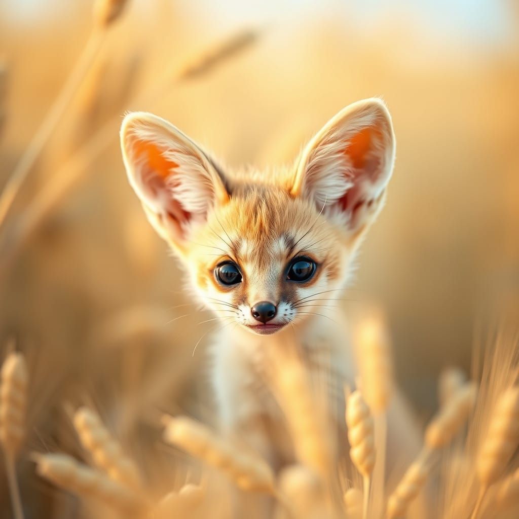 Adorable Baby Fennec Fox in Sunlit Wheatfield