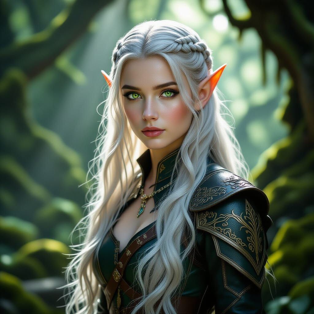 Elf Girl in Ancient Forest, Realistic Fantasy Style
