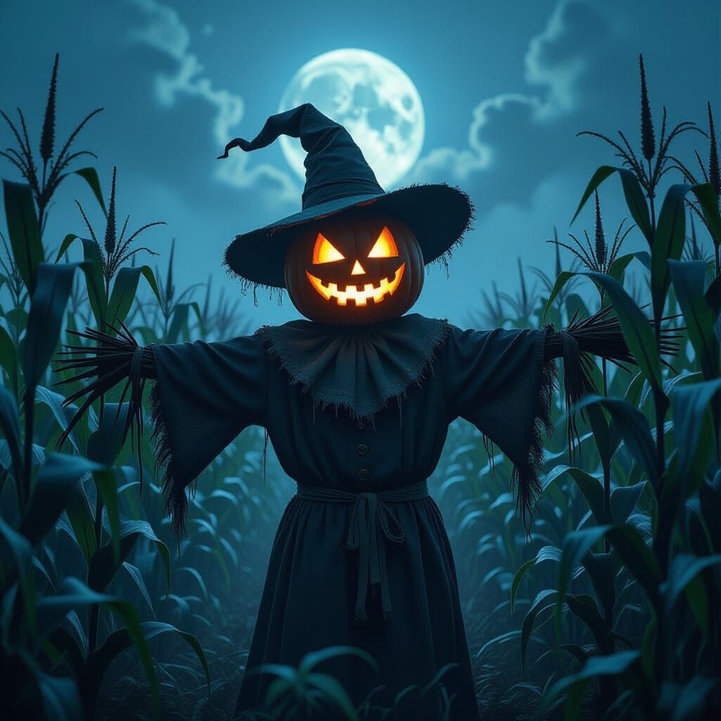 Gothic Scarecrow with Pumpkin Head in Moonlit Cornfield