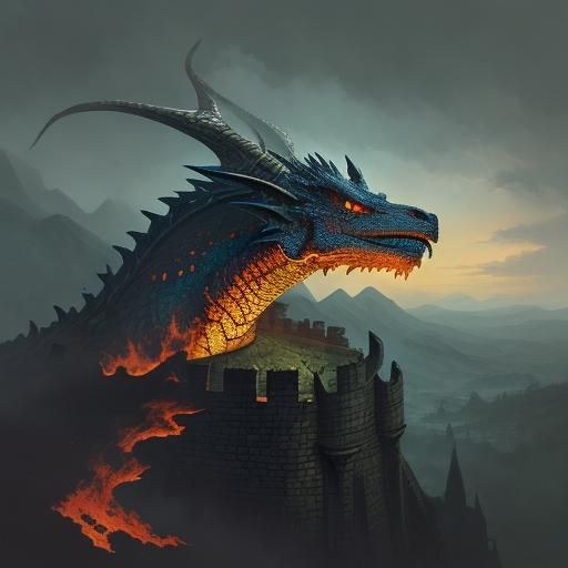 Dragon Overlooking Medieval Landscape in Fantasy Art Style
