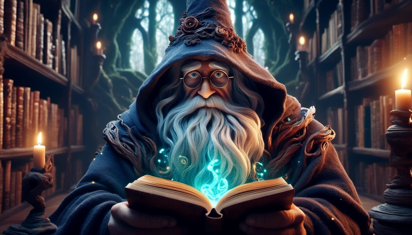 Wizard in Dark Library: Magic Realism Digital Art