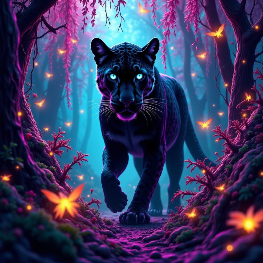 Black Leopard in Neon Forest with Yellow Birds