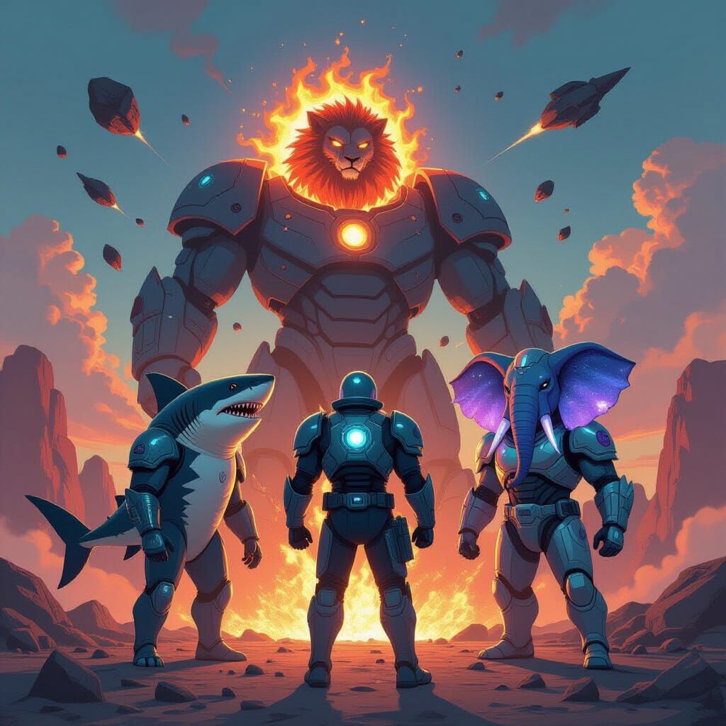 Cosmic Shark Warrior Between Lion and Elephant