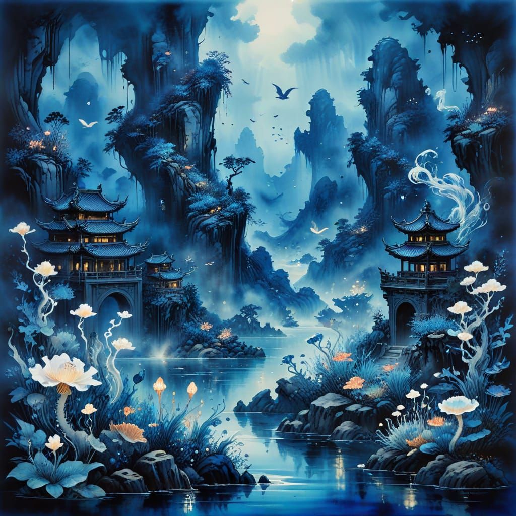 Underwater City with Merfolk: Chinese Ink Painting