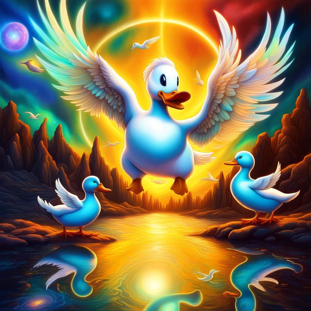 Cartoon Duck Meets Archangels: Cosmic Illustration