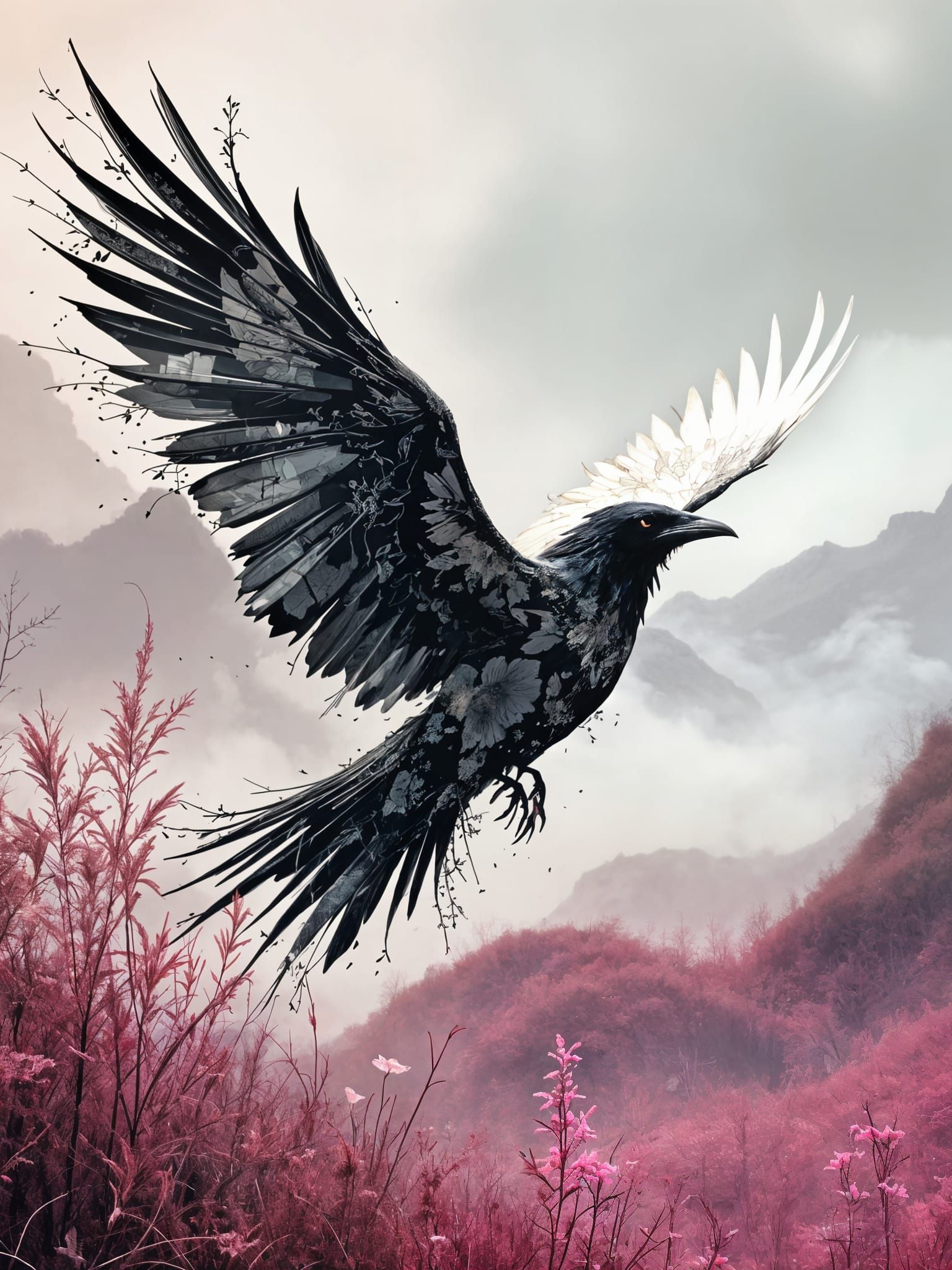 Enchanting Raven Takes Flight Amidst Vintage Landscape