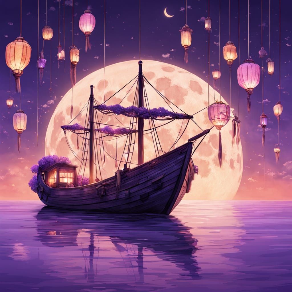 A whimsical wooden boat with tall lanterns floats gently across a glowing lavender sea under a crescent moon.