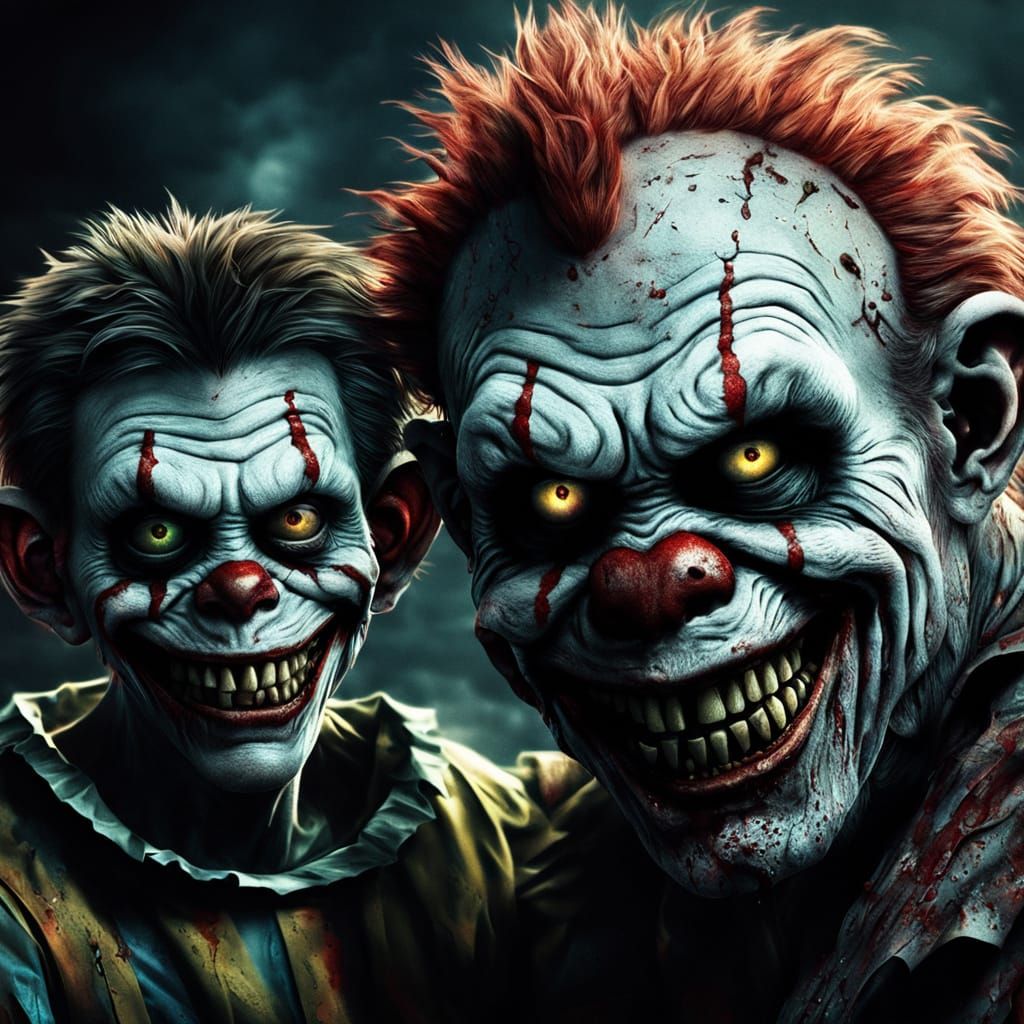 Menacing Zombie Clown Holds Boy: Hyper-Realistic Digital Art