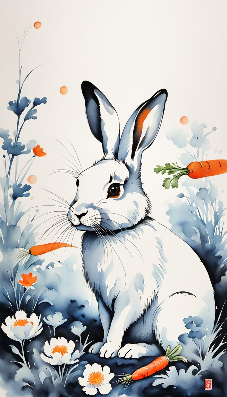 Minimalist Chinese Ink Painting of Rabbit Eating Carrot