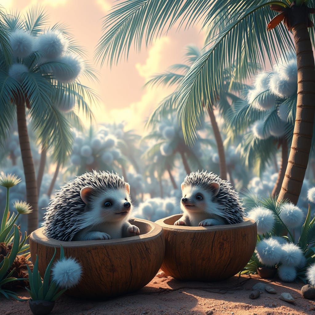 Hedgehogs born in coconuts, and fluffy blue palm trees.