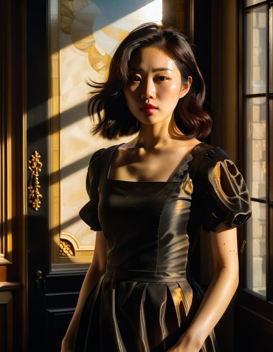 Korean Woman in Renaissance Salon: Baroque Oil Painting